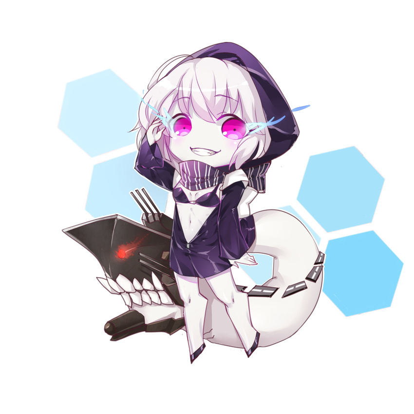 absurdres abyssal_ship backpack bag chibi commentary_request female fm glowing glowing_eyes grin highres hood hoodie kantai_collection pale_skin purple_eyes re-class_battleship scarf short_hair smile solo tail white_hair