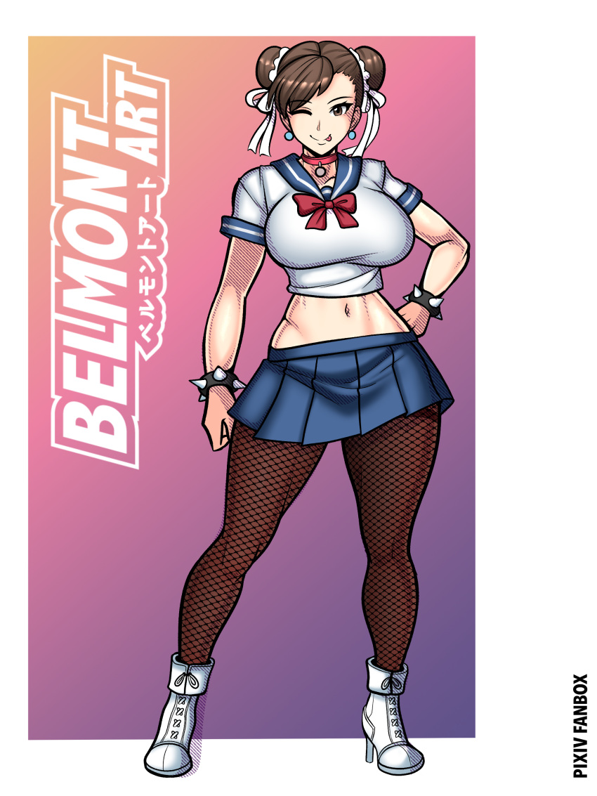 1girls belmont big_ass big_breasts big_butt chun-li female female_only fit_female fully_clothed legs miniskirt school_uniform schoolgirl skirt solo street_fighter strong thick_thighs thighs wide_hips