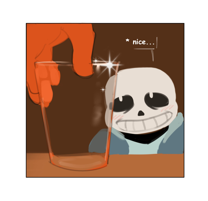 2024 5_fingers animated_skeleton blue_clothing blue_jacket blue_topwear blush bone border brown_background clothing comic_sans dialogue duo fingers grillby grin hi_res humanoid jacket kogito male red_body sans_(undertale) simple_background skeleton smile solo_focus sparkles speech_bubble teeth_showing text topwear undead undertale undertale_(series) white_body white_border white_eyes