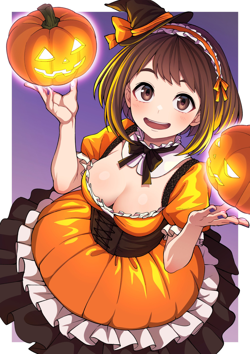 :d absurdres black_hat black_ribbon blush boku_no_hero_academia breasts brown_corset brown_eyes brown_hair cleavage commentary corset dress english_commentary female food frilled_dress frills halloween hat highres holding holding_food holding_pumpkin holding_vegetable kobaji large_breasts medium_hair mini_hat mini_witch_hat neck_ribbon open_mouth orange_dress puffy_short_sleeves puffy_sleeves pumpkin purple_nails revision ribbon short_sleeves sidelocks smile solo teeth upper_teeth_only uraraka_ochako vegetable witch_hat