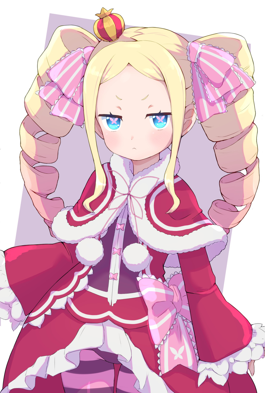 :< absurdres arms_at_sides beatrice_(re:zero) blonde_hair blue_eyes bow butterfly-shaped_pupils capelet closed_mouth cowboy_shot crown dress dress_bow drill_hair female forehead frilled_dress frills fur-trimmed_capelet fur_trim gradient_hair hair_ribbon half-closed_eyes highres jitome light_blush long_hair long_sidelocks long_sleeves looking_at_viewer mini_crown multicolored_hair pantyhose parted_bangs pink_bow pink_pupils pink_ribbon pink_stripes pom_pom_(clothes) re:zero_kara_hajimeru_isekai_seikatsu red_capelet red_dress ribbon short_eyebrows sidelocks simple_background sleeves_past_wrists solo striped_bow striped_clothes striped_headwear striped_pantyhose sushi_no_ikari symbol-shaped_pupils tilted_headwear twin_drills v-shaped_eyebrows wide_sleeves