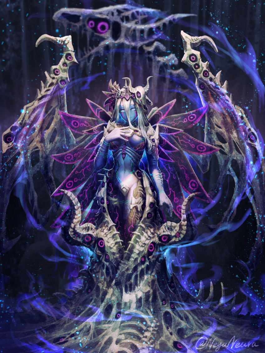 blue_eyes blue_skin bone breasts colored_skin dragon_wings female full_body hair_between_eyes hair_ornament hand_on_own_chest highres keselum_(neganeura) medium_breasts monster_girl original purple_eyes ringed_eyes skeletal_wings skull_hair_ornament smile solo torn_wings white_hair wings