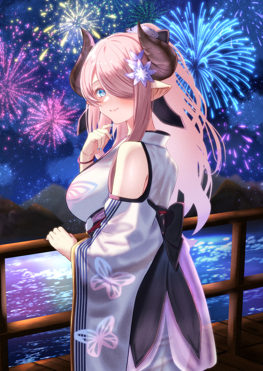 animal_print back_bow bare_shoulders bikini black_bow blue_eyes blue_nails blush bow breasts bright_pupils brown_horns butterfly_print closed_mouth clothing_cutout cloud cowboy_shot female fireworks flower from_side granblue_fantasy hair_flower hair_ornament hair_over_one_eye hairbow hand_on_railing hand_up high_ponytail highres hilda_sakura horns japanese_clothes kimono large_breasts long_hair looking_at_viewer looking_to_the_side mountainous_horizon nail_polish narmaya_(granblue_fantasy) night night_sky one_eye_covered outdoors parted_bangs pink_hair pointy_ears ponytail print_bikini railing shoulder_cutout sidelocks sky smile solo standing swimsuit turning_head water white_kimono white_pupils wide_sleeves wristband