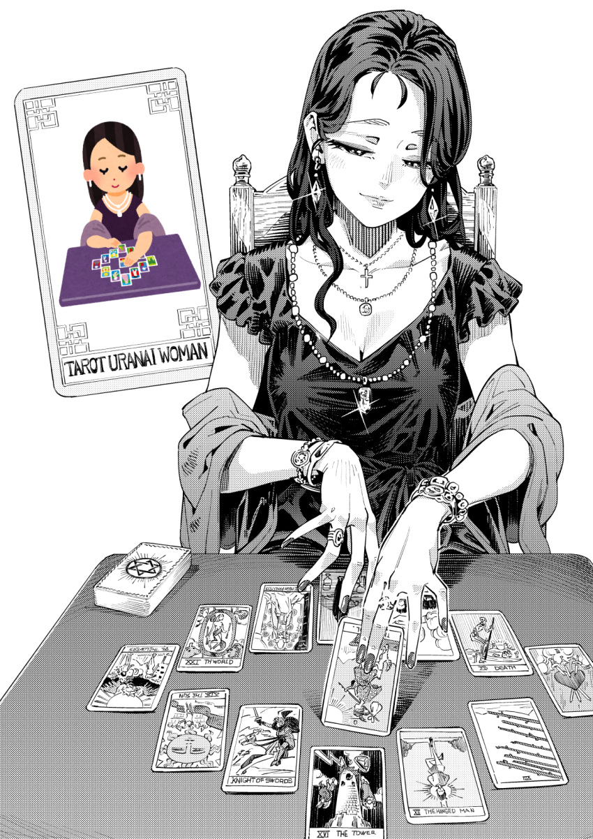 aihara_akito bracelet breasts card chair cleavage closed_mouth commentary_request cross cross_necklace death_(tarot) derivative_work dress earrings english_text female fingernails fortune_teller glint greyscale highres holding holding_card inset irasutoya irasutoya_challenge jewelry long_fingernails long_hair looking_down monochrome nail_polish necklace original parted_bangs reference_inset ring shawl short_sleeves simple_background sitting solo tarot tarot_card the_fool_(tarot) the_hanged_man_(tarot) the_high_priestess_(tarot) the_lovers_(tarot) the_sun_(tarot) the_tower_(tarot) the_world_(tarot) upper_body wavy_hair white_background