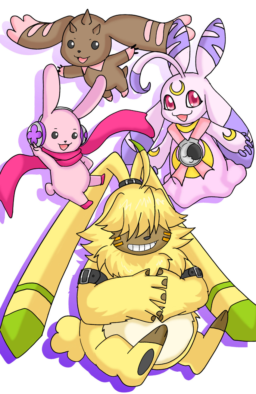 angoramon anthro bandai_namco beady_eyes belt cutemon digimon digimon_(species) electronics female flocchan fluffy fur grin group hair hair_over_eyes headphones hi_res horn long_ears lopmon lunamon male pink_body pink_fur ponytail_ears scarf sitting smile yellow_body yellow_fur