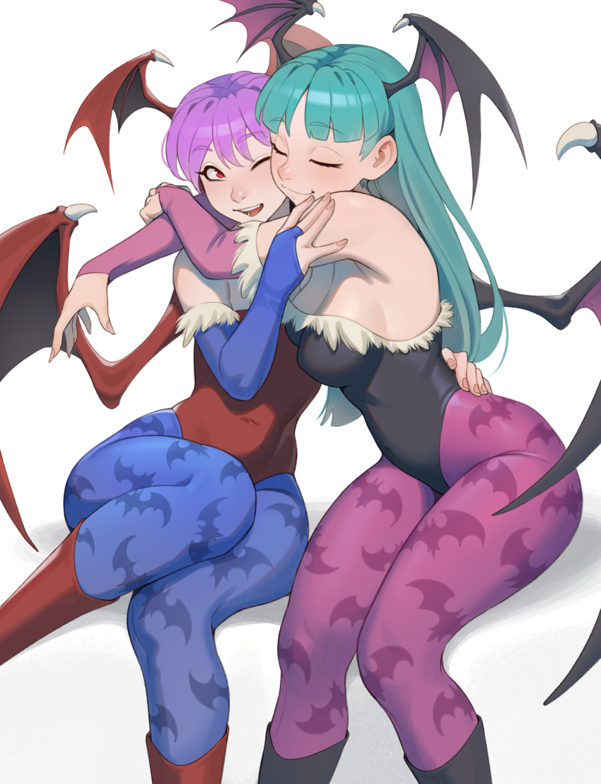 2girls armwear bat_print blue_pantyhose capcom cheshirrr closed_eyes darkstalkers female female_only green_hair head_wings hi_res hugging leotard lilith_aensland long_hair morrigan_aensland one_eye_closed pantyhose purple_hair purple_pantyhose red_eyes sisters sitting smiling succubus succubus_wings white_background wholesome wings