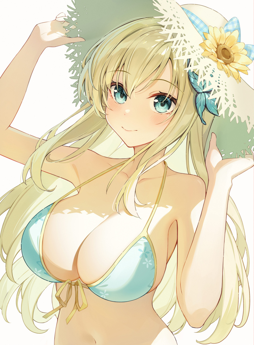 absurdres aimh arms_up bare_arms bare_shoulders bikini blonde_hair blue_bikini blue_eyes boku_wa_tomodachi_ga_sukunai breasts butterfly_hair_ornament cleavage closed_mouth collarbone female flower front-tie_bikini_top front-tie_top hair_ornament hands_on_headwear hat hat_flower highres kashiwazaki_sena large_breasts long_hair looking_at_viewer navel ribbon simple_background smile solo straw_hat sunflower swimsuit upper_body white_background yellow_hat yellow_ribbon