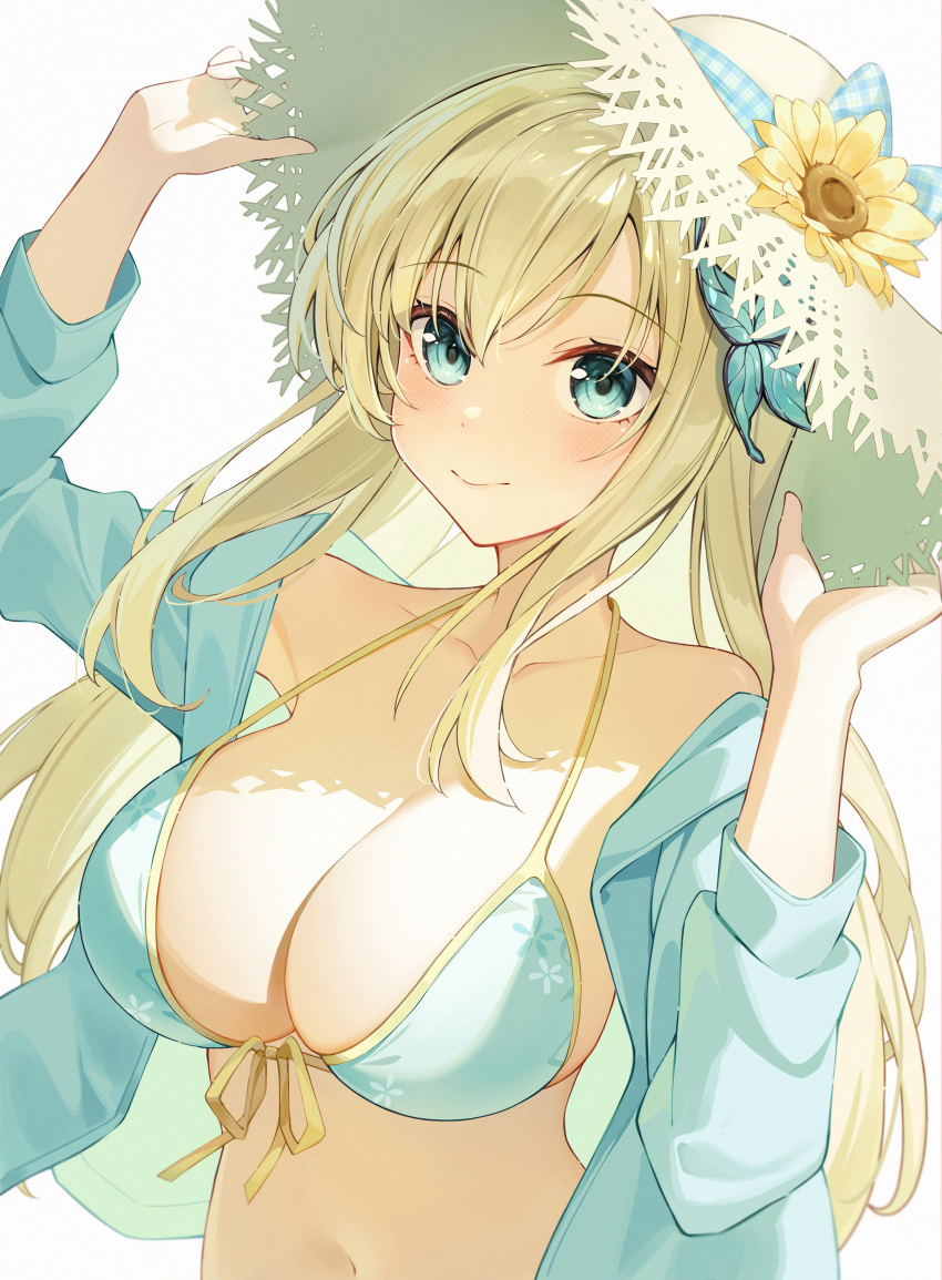 absurdres aimh arms_up bare_shoulders bikini blonde_hair blue_bikini blue_eyes blue_jacket boku_wa_tomodachi_ga_sukunai breasts butterfly_hair_ornament cleavage closed_mouth collarbone female flower front-tie_bikini_top front-tie_top hair_ornament hands_on_headwear hat hat_flower highres jacket kashiwazaki_sena large_breasts long_hair long_sleeves looking_at_viewer navel open_clothes open_jacket ribbon simple_background smile solo straw_hat sunflower swimsuit upper_body white_background yellow_hat yellow_ribbon