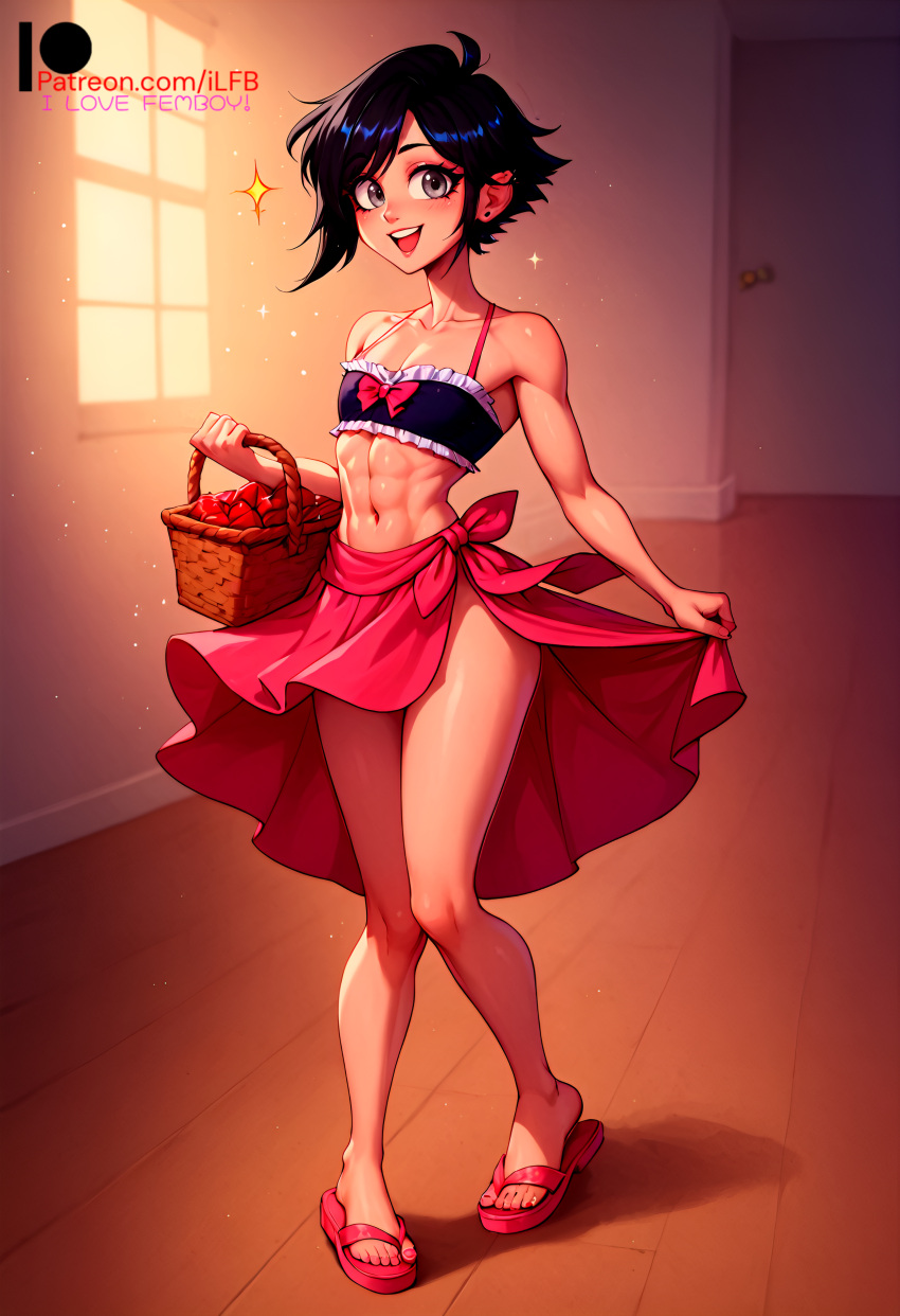 1boy 2024 2d ai_generated bikini bikini_top black_eyes black_hair boy edit edited femboy flat_chest flat_chested hi_res high_resolution highres ilfb no_sex pony_diffusion_xl self_upload short_hair simple_background solo standing tagme trap uncensored watermark