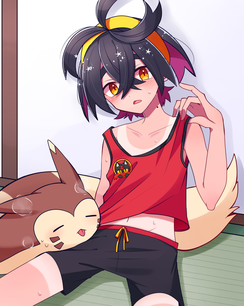 1boy black_hair black_shorts blush closed_eyes crossed_bangs furret hair_between_eyes hairband highres hot indoors kieran_(pokemon) litten looking_at_viewer male_focus mole mole_on_neck motiumai multicolored_hair on_floor orange_eyes pokemon pokemon_(creature) pokemon_sv purple_hair red_tank_top short_shorts shorts sitting star_(symbol) sweat tan tank_top tanlines tongue tongue_out yellow_hairband