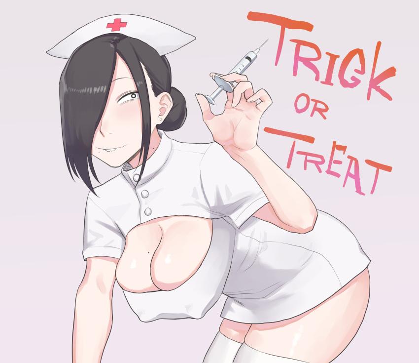 absurdres all_fours black_hair breasts buck_teeth cleavage covered_nipples english_text female hair_over_one_eye halloween halloween_costume hat highres holding holding_syringe koma_neko large_breasts nurse nurse_cap original paid_reward_available samejima_yoruko short_hair simple_background syringe teeth thighhighs trick_or_treat white_background white_thighhighs