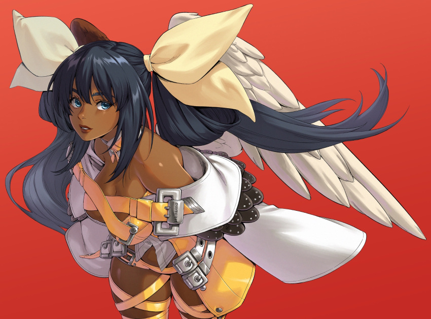 alternate_color angel_wings asymmetrical_wings bare_shoulders belt black_hair blue_eyes breasts cleavage dark-skinned_female dark_skin detached_collar detached_sleeves dizzy_(guilty_gear) english_commentary female guilty_gear guilty_gear_xrd hair_between_eyes hair_rings highres irene_koh large_breasts leaning_forward lips long_hair midriff panties parted_lips red_background red_lips sidelocks simple_background solo thighhighs thighs twintails underwear wide_sleeves wings yellow_panties yellow_thighhighs