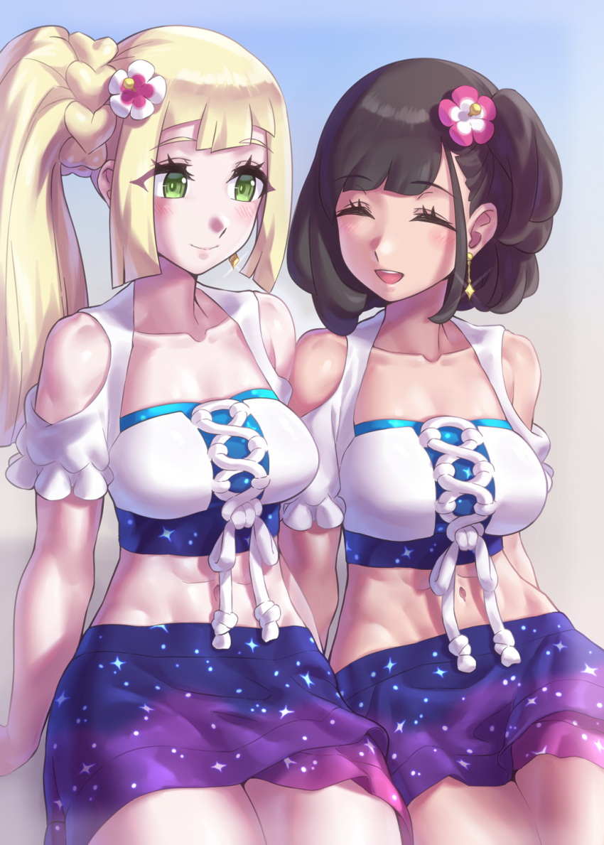 2girls abs bare_shoulders blonde_hair blunt_bangs blush braid brown_hair closed_eyes crop_top green_eyes highres lillie_(pokemon) long_hair midriff mizuumi_(bb) multiple_girls navel open_mouth pokemon pokemon_sm ponytail ponytail_with_braided_base selene_(pokemon) short_hair short_ponytail short_sleeves side_ponytail smile yuri