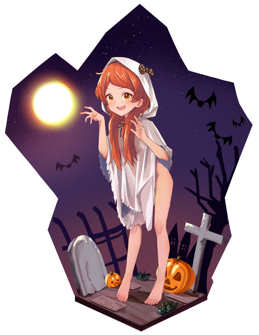 absurdres bare_legs barefoot bat_(animal) bed_sheet blush brown_eyes cabbage_(chlehd2239) feet female full_moon ghost_costume ghost_pose grave graveyard halloween halloween_costume highres idolmaster idolmaster_million_live! idolmaster_million_live!_theater_days jack-o'-lantern long_hair looking_at_viewer moon naked_costume naked_sheet night night_sky oerba_yun_fang ogami_tamaki open_mouth orange_hair outdoors parted_bangs pumpkin ribbon sheet_ghost skin_fang sky smile solo standing star_(sky) starry_sky toes tombstone tree