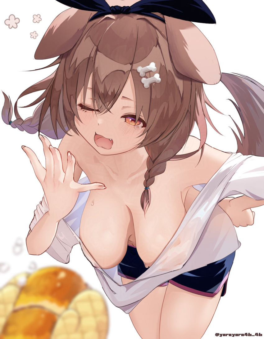 animal_ears aoi_yoroyoro bone_hair_ornament braid breasts brown_eyes brown_hair brown_tail cartoon_bone cleavage commentary dog_ears dog_girl dog_tail female hair_between_eyes hair_ornament hanging_breasts highres hololive hololive_grand_theft_auto inugami_korone large_breasts low_twin_braids open_mouth solo sweatdrop tail twin_braids virtual_youtuber