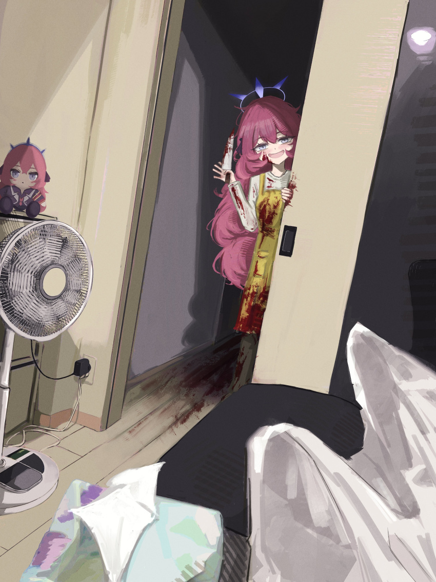 absurdres ahiru_(ahahahahiru) alternate_costume apron bag bed blood blood_on_clothes blood_on_face blood_on_ground blood_on_knife blue_archive electric_fan female fluffy_hair grey_eyes hallway halo highres iroha_(blue_archive) knife long_hair looking_at_viewer open_mouth pov purple_halo red_hair shirt smile solo stuffed_toy tissue tissue_box white_shirt yandere yellow_apron