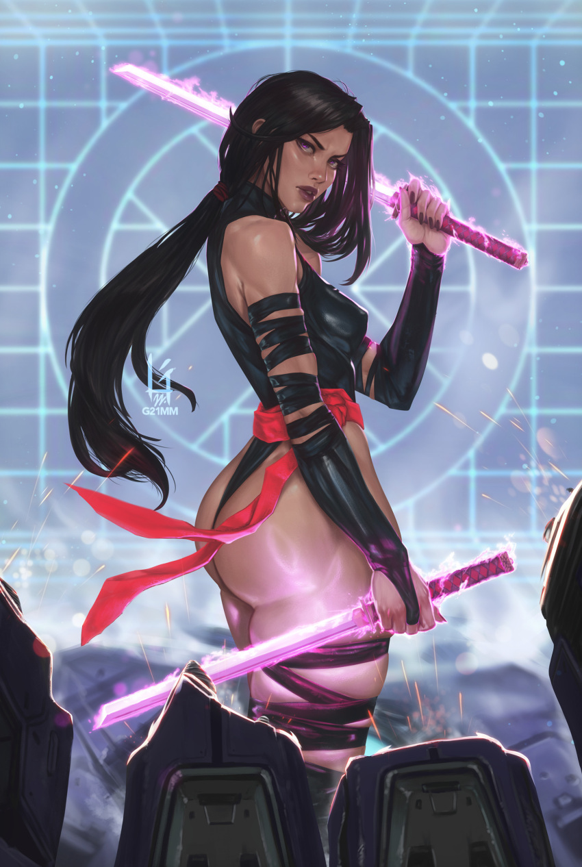 absurdres arm_wrap ass bare_shoulders black_hair black_leotard bridal_gauntlets dual_wielding energy_blade english_commentary female from_side g21mm halter_leotard halterneck highleg highleg_leotard highres holding holding_sword holding_weapon leotard long_hair low_ponytail marvel ninja parted_bangs parted_lips psylocke purple_eyes red_sash robot sash solo sparks standing superhero_costume sword thigh_strap waist_sash weapon x-men