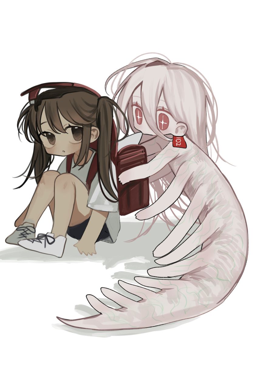 +_+ 2girls backpack bag black_shorts brown_eyes brown_hair colored_skin ear_tag extra_arms full_body hair_between_eyes highres ishida_umi knees_up long_hair looking_at_viewer monster_girl multiple_girls nude original randoseru red_eyes shirt shoes short_sleeves shorts simple_background sitting t-shirt twintails white_background white_footwear white_hair white_shirt white_skin