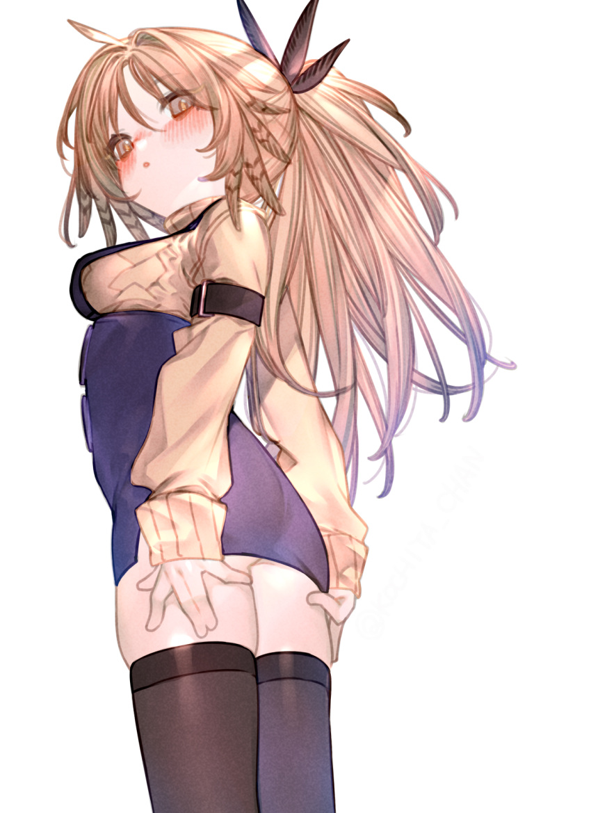 :o arknights arm_belt ass belt black_belt black_thighhighs blonde_hair blush commentary_request cowboy_shot female from_below grey_eyes high-waist_skirt highres kochiya_(gothope) long_hair long_sleeves looking_at_viewer microskirt nose_blush paid_reward_available parted_lips pinecone_(arknights) purple_skirt simple_background skirt solo standing sweater thighhighs turtleneck turtleneck_sweater white_background yellow_pupils yellow_sweater