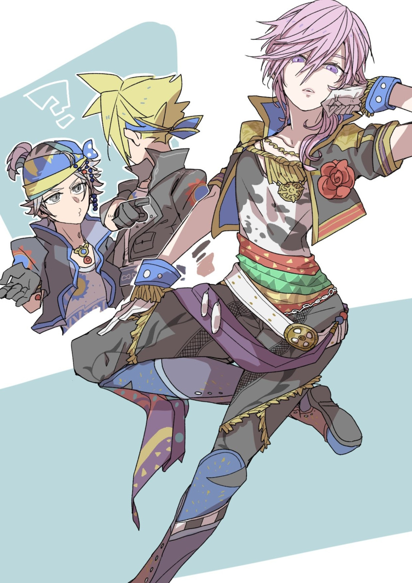 éclair_farron bandana blonde_hair cloud_strife corsage cosplay cropped_jacket final_fantasy final_fantasy_vi final_fantasy_vii final_fantasy_vii_ever_crisis final_fantasy_xiii gloves grey_hair headband highres in-franchise_crossover lightning_returns:_final_fantasy_xiii locke_cole locke_cole_(cosplay) looking_at_viewer official_alternate_costume oshibainoticket pink_hair pointing sash