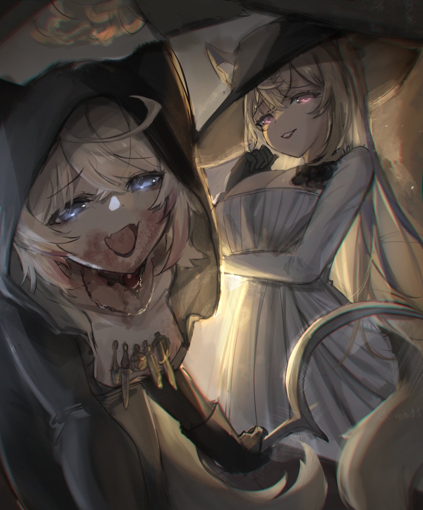 2girls absurdres alcina_dimitrescu alcina_dimitrescu_(cosplay) animal_ears arm_under_breasts bela_dimitrescu bela_dimitrescu_(cosplay) black_flower black_gloves black_horns black_rose blonde_hair blood blood_on_face blue_eyes breasts cleavage cloak corsage cosplay dog_ears ears_through_headwear flower fuwawa_abyssgard gem gloves glowing glowing_eyes halloween halloween_costume hat highres holding holding_scythe hololive hololive_english hood hooded_cloak horns jewelry large_breasts leaning_forward mococo_abyssgard multiple_girls oerba_yun_fang pink_eyes red_gemstone red_lips resident_evil resident_evil_village rose scythe sobbi11 sun_hat