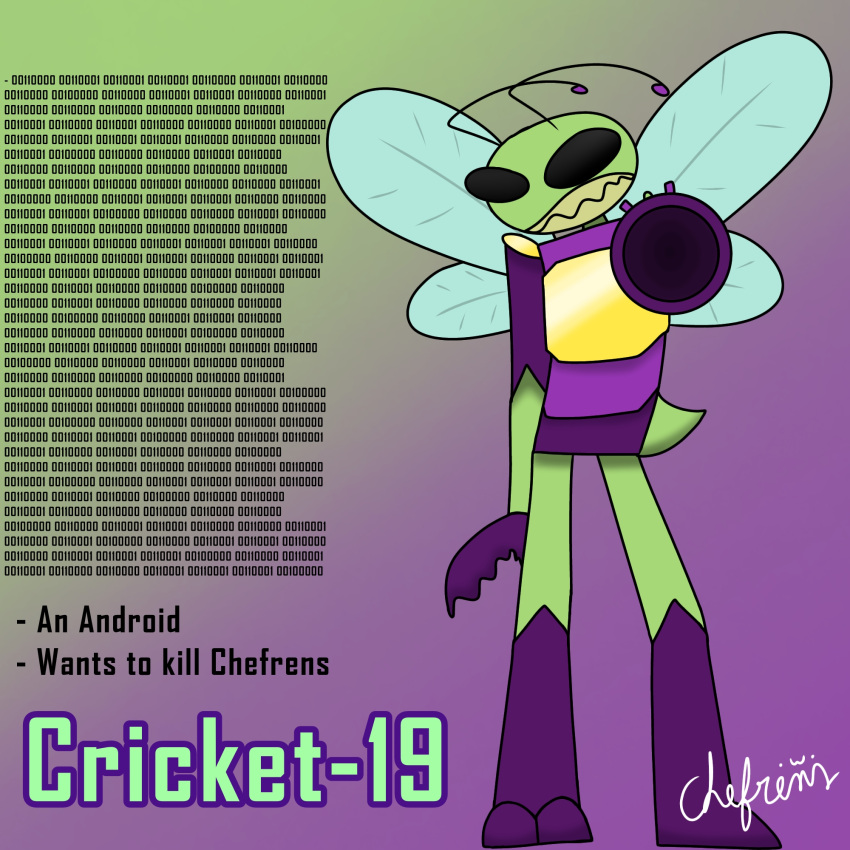 android angry animal_humanoid armor arthropod arthropod_humanoid chefrens cricket-19_(chefrens) forceps green_body gun_arm hi_res humanoid insect_humanoid insects machine male medical_instrument purple_armor robot scientific_instrument solo surgical_instrument tail tiny_tail tweezers wings