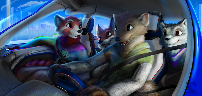 2023 5_fingers absurd_res ailurid anthro black_nose brown_body brown_fur canid canine car city city_background cityscape claymore_(red_panda) clothing corbin_(corbin_roscy) corbin_(roscy) digital_media_(artwork) digital_painting_(artwork) domestic_ferret driving driving_car felid fingers fox fully_clothed_anthro fully_clothed_male fur green_clothing green_jacket green_topwear grey_body grey_ears grey_fur grey_inner_ear_fluff group happy hi_res inner_ear_fluff inside_car inside_vehicle jacket looking_at_another male male_(lore) mammal markings mouth_closed multicolored_clothing multicolored_shirt multicolored_topwear mustelid musteline open_mouth open_smile operating_vehicle orange_body orange_fur pantherine piloting_car piloting_vehicle purple_scarf rainbow_clothing rainbow_shirt rainbow_topwear red_body red_fur red_panda scarf seatbelt shirt signature smile snow_leopard spots spotted_body spotted_fur topwear true_musteline tuft vehicle watermark weasel white_body white_ears white_fur white_inner_ear_fluff white_sleeves yellow_sclera