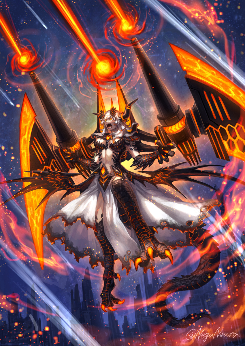 absurdres breasts burnt_clothes claws dragon_girl dragon_horns dragon_tail dragon_wings dress fangs highres horns keselum_(neganeura) laser low_wings mecha_musume mechanical_wings medium_breasts medium_hair open_mouth orange_eyes original scales shoulder_cannon slit_pupils tail thrusters white_dress white_hair wings