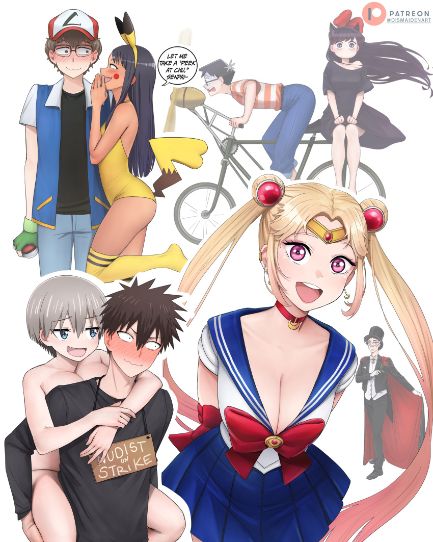 4boys 4girls :d absurdres animal_ears artist_name ash_ketchum_(cosplay) bicycle bishoujo_senshi_sailor_moon black_dress black_hat black_shirt blonde_hair blue_sailor_collar blue_skirt blush blush_stickers bow bowtie breasts brown_hair carrying cat_ears choker completely_nude cosplay dark-skinned_female dark_skin denim dismaiden dress english_text fingerless_gloves from_side gloves gojou_wakana green_gloves grey_hair hachiouji_naoto hair_between_eyes hair_ornament hairbow hat highres holding holding_poke_ball ijiranaide_nagatoro-san inui_sajuna jeans kiki_(majo_no_takkyuubin) kiki_(majo_no_takkyuubin)_(cosplay) kitagawa_marin komi-san_wa_komyushou_desu komi_shouko large_breasts leotard long_hair looking_at_another majo_no_takkyuubin multiple_boys multiple_girls nagatoro_hayase no_shoes nude open_clothes open_shirt pants piggyback pikachu pikachu_(cosplay) pikachu_ears pikachu_tail pink_eyes pleated_skirt poke_ball pokemon pokemon_(anime) pokemon_(classic_anime) pokemon_tail profile red_bow red_bowtie red_choker red_hat sailor_collar sailor_moon sailor_moon_(cosplay) sakurai_shin'ichi satoshi_(pokemon) shirt short_hair shy sign simple_background single_bare_shoulder skirt smile sono_bisque_doll_wa_koi_wo_suru spiked_hair striped_clothes striped_shirt tadano_hitohito tail thighhighs tombo_(majo_no_takkyuubin) tombo_(majo_no_takkyuubin)_(cosplay) top_hat tuxedo_kamen tuxedo_kamen_(cosplay) twintails uzaki-chan_wa_asobitai! uzaki_hana wavy_mouth white_background white_hat yellow_leotard yellow_thighhighs