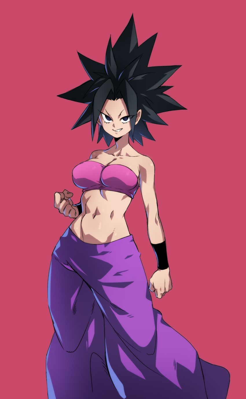 baggy_pants black_eyes black_hair black_wristband breasts caulifla cleavage clenched_hands dragon_ball dragon_ball_super female highres large_breasts leeloo_dallas navel pants pink_background pink_tube_top purple_pants solo spiked_hair strapless teeth tube_top