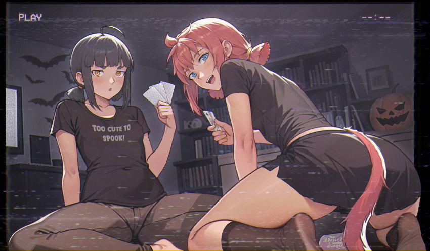 2girls :d :o absurdres ahoge animal_print ass barefoot bat_print black_hair black_skirt black_socks blue_eyes bookshelf breasts brown_pants card collarbone commentary english_commentary english_text everlasting_summer gloomy_(leonzo) highres holding holding_card indoors kneeling leonzo looking_at_viewer medium_hair multiple_girls open_mouth original pants parted_lips playing_card print_shirt pumpkin recording red_hair shirt short_sleeves sitting skirt smile socks t-shirt teeth tongue topknot twintails upper_teeth_only ussr-tan