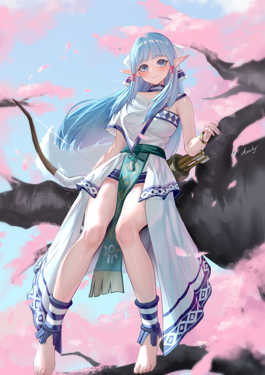 anming arrow_(projectile) barefoot blue_eyes blue_hair blunt_bangs bow_(weapon) choker dress female green_sash head_tilt highres long_hair looking_at_viewer olha_(ys) pointy_ears quiver sash single_bare_shoulder sitting smile solo very_long_hair weapon white_dress ys ys_vi_ark_of_napishtim