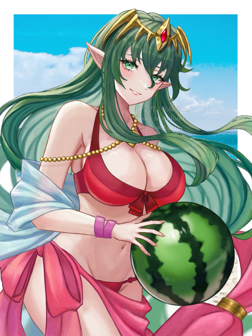 alternate_costume ball bare_shoulders beachball bikini blue_sky blush border breasts cleavage cosplay cowboy_shot day female fire_emblem fire_emblem:_shadow_dragon fire_emblem_heroes green_eyes green_hair hair_between_eyes highres large_breasts long_hair looking_at_viewer nagi_(fire_emblem) navel outdoors outside_border parted_lips pointy_ears red_bikini sarong sky smile solo swimsuit tiara tiki_(adult)_(fire_emblem) tiki_(adult)_(fire_emblem)_(cosplay) tiki_(fire_emblem) very_long_hair white_border wristband zqzbq