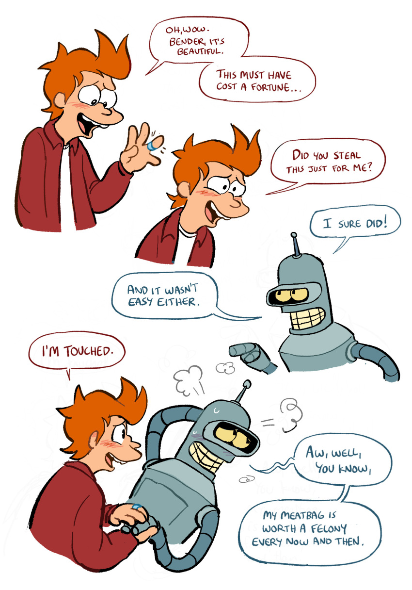 bender_bending_rodríguez blush clothing comedy_central duo futurama hair handsomehugs hi_res human jacket machine male male/male mammal open_mouth orange_hair philip_j._fry politepuppet red_clothing red_jacket red_topwear ring robot simple_background teeth topwear white_background