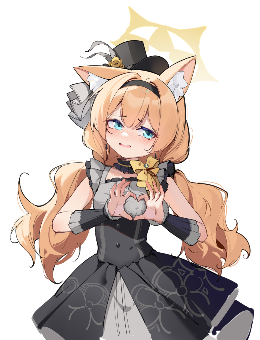 4-finger_heart_hands animal_ear_fluff animal_ears black_dress black_hairband black_hat blue_archive blue_eyes blush breasts cat_ears cat_girl commentary_request dress female flower hairband halo hat hat_flower heart heart-shaped_boob_challenge heart_hands highres idol idol_clothes long_hair looking_at_viewer low_twintails mari_(blue_archive) mari_(idol)_(blue_archive) mini_hat mini_top_hat official_alternate_costume open_mouth orange_hair painterliuhao simple_background sleeveless sleeveless_dress small_breasts smile solo top_hat twintails white_background wrist_wrap yellow_flower yellow_halo