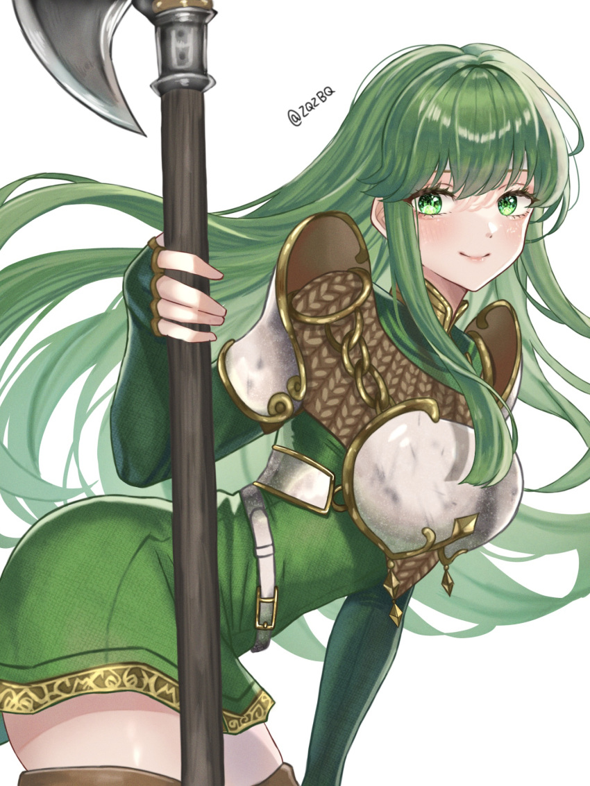 armor artist_name chainmail curvy female fingerless_gloves fire_emblem fire_emblem:_mystery_of_the_emblem gloves green_eyes green_hair highres holding holding_polearm holding_weapon long_hair looking_at_viewer palla_(fire_emblem) polearm simple_background smile solo weapon zqzbq