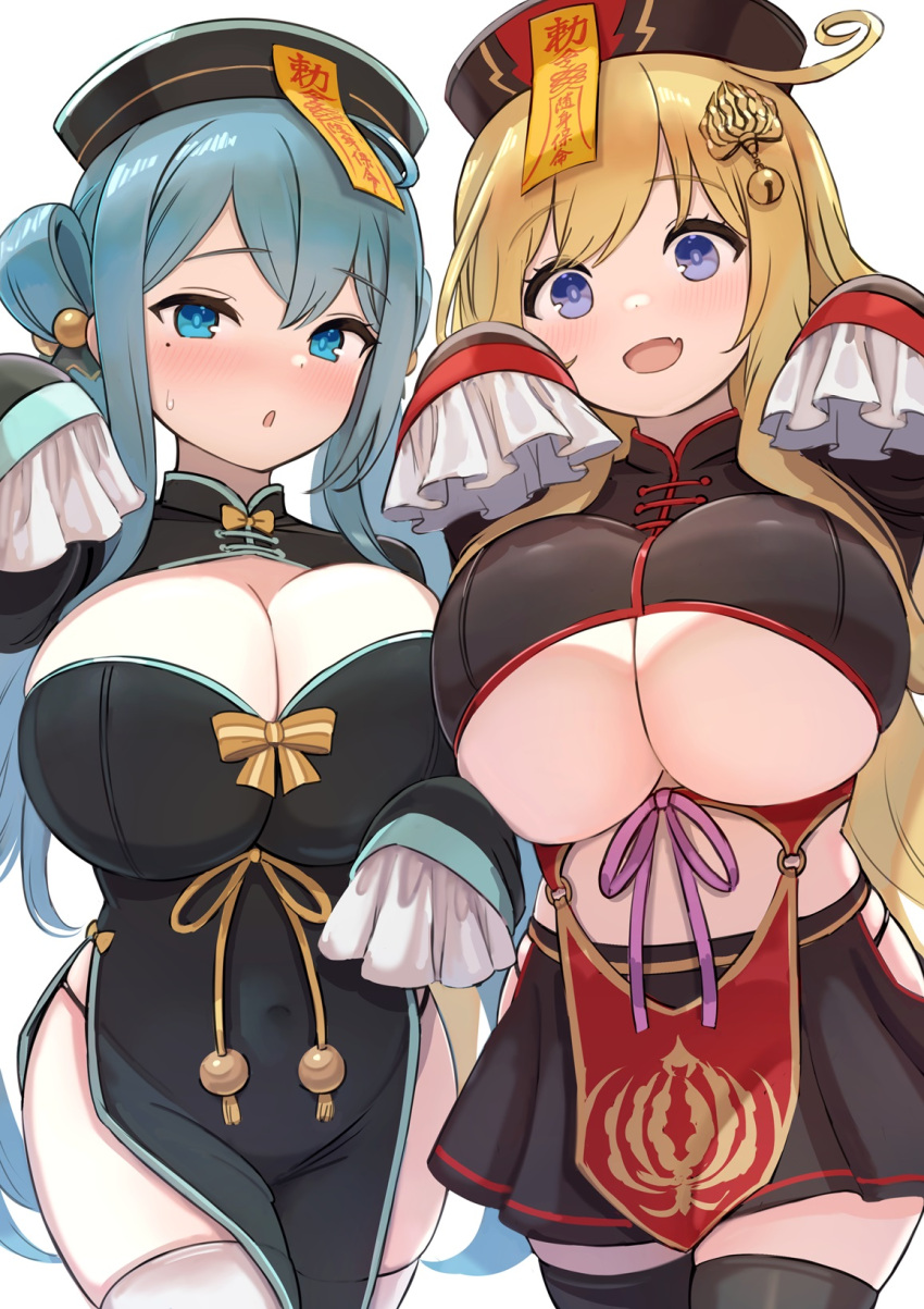 2girls :o aqua_eyes aqua_hair black_thighhighs blonde_hair blue_eyes blush breasts chinese_clothes cleavage enumiyaa flower_knight_girl gloriosa_(flower_knight_girl) hat highres huge_breasts isogiku_(flower_knight_girl) jiangshi long_hair long_sleeves looking_at_viewer mole mole_under_eye multiple_girls oerba_yun_fang open_mouth simple_background skin_fang thighhighs underboob white_background white_thighhighs