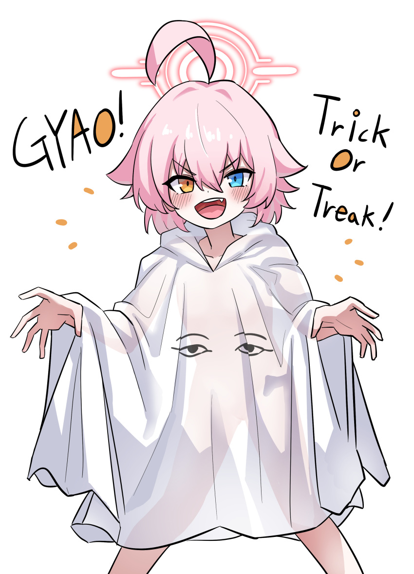 absurdres ahoge blue_archive blue_eyes commentary english_commentary english_text female gao halloween halloween_costume halo heterochromia highres hoshino_(blue_archive) medium_hair medjed_(mythology) nude pink_hair see-through_silhouette simple_background translucent_dress white_background wnsgur6686 yellow_eyes