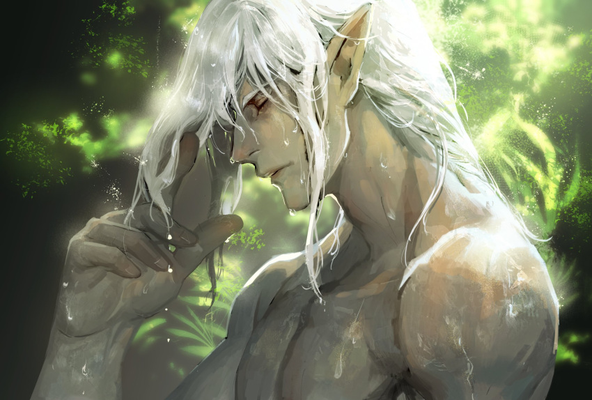 1boy arm_up closed_eyes closed_mouth commentary_request elezen elf estinien_varlineau final_fantasy final_fantasy_xiv hair_behind_ear highres kin_mokusei long_hair male_focus nude plant pointy_ears profile solo wet wet_hair white_hair