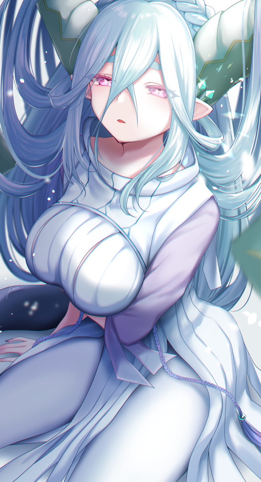 +_+ absurdres aqua_hair braid breasts curled_horns dress fate/grand_order fate/grand_order_arcade fate_(series) female hair_between_eyes highres horns ichi_kq large_breasts larva_tiamat_(fate) larva_tiamat_(third_ascension)_(fate) long_hair long_horns long_sleeves looking_at_viewer pantyhose parted_lips pink_eyes pointy_ears ribbed_dress sidelocks solo symbol-shaped_pupils tail thighs tiamat_(fate) very_long_hair white_dress white_pantyhose