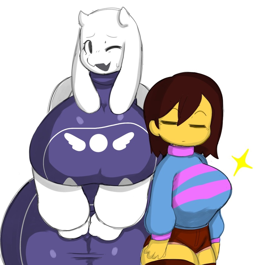 2girls big_breasts female_frisk frisk furry huge_breasts mochikirb tagme thick_thighs thunder_thighs toriel undertale undertale_(series) white_background