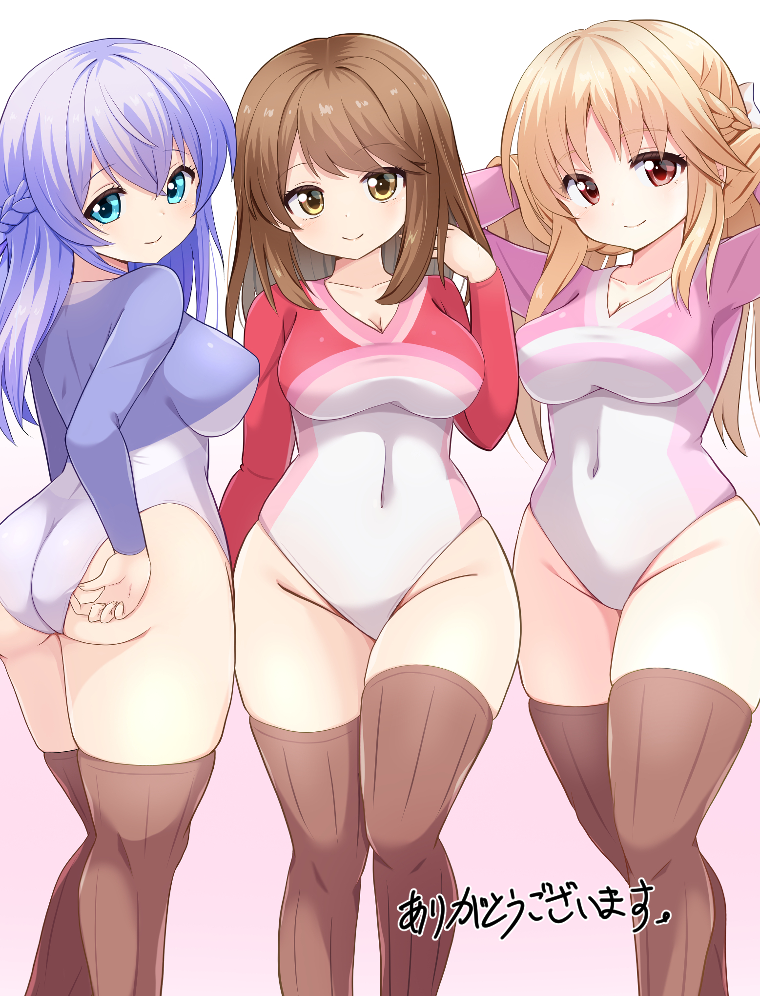 3girls adjusting_clothes adjusting_leotard arm_up arms_up ass athletic_leotard blue_eyes blue_hair blue_leotard braid breasts brown_eyes brown_hair brown_thighhighs commission covered_navel girlfriend_(kari) groin hand_in_own_hair hands_in_own_hair highleg highleg_leotard highres impossible_clothes impossible_leotard leotard long_hair looking_at_viewer looking_back mogura2009 multiple_girls murakami_fumio pink_leotard red_leotard sasahara_nonoka shiina_kokomi short_hair skeb_commission smile thighhighs thighs two-tone_leotard white_leotard