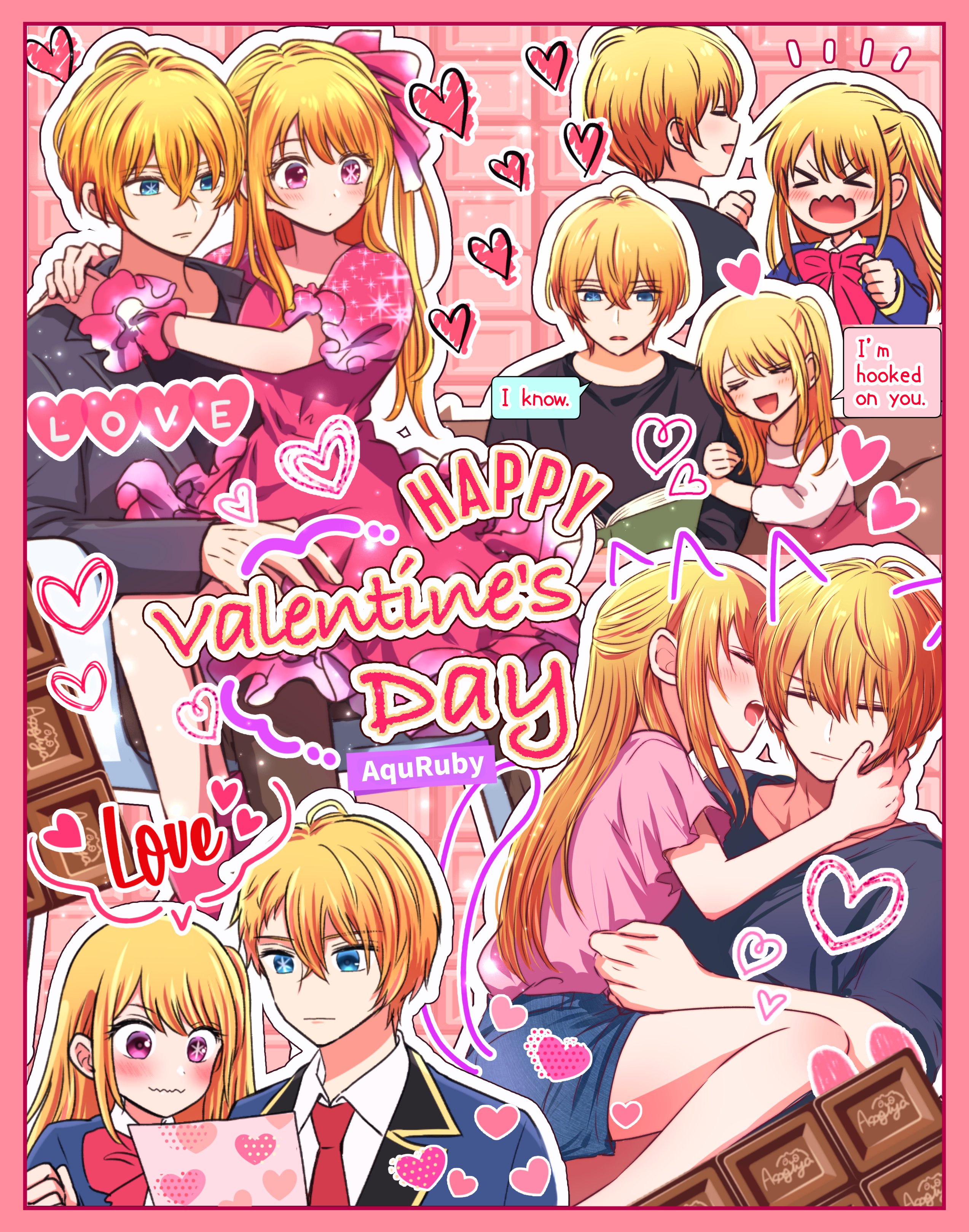 >_< 1boy absurdres arm_hug arms_on_another's_shoulder asgykk black_shirt blazer blonde_hair blue_eyes blue_jacket blue_shirt blue_shorts blush book border bow bowtie brother_and_sister brown_pants candy chocolate chocolate_bar clenched_hand clenched_hands closed_eyes closed_mouth collared_jacket commentary cowlick crossed_bangs double-parted_bangs dress dress_shirt english_text facing_viewer female food food-themed_background frilled_dress frills from_behind from_side grey_jacket hair_between_eyes hair_ribbon hand_on_another's_neck hand_on_another's_thigh hands_on_another's_arm hands_on_another's_shoulder hands_up happy_valentine head_on_another's_shoulder heart highres holding holding_book hoshino_aquamarine hoshino_ruby hug incest jacket lapels leaning_on_person legs_folded long_hair long_sleeves looking_down looking_to_the_side multiple_views notched_lapels notice_lines one_side_up open_book open_clothes open_jacket open_mouth oshi_no_ko outline own_hands_together pants parted_lips pinafore_dress pink_border pink_dress pink_eyes pink_ribbon pink_scrunchie pink_shirt puffy_short_sleeves puffy_sleeves purikura reading red_bow red_bowtie ribbon school_uniform scrunchie shirt short_hair short_sleeves shorts siblings sitting sitting_on_person sleeveless sleeveless_dress smile sparkle_print speech_bubble star-shaped_pupils star_(symbol) straight swept_bangs symbol-shaped_pupils teeth turning_head twins white_outline white_shirt wrist_scrunchie youtou_high_school_uniform