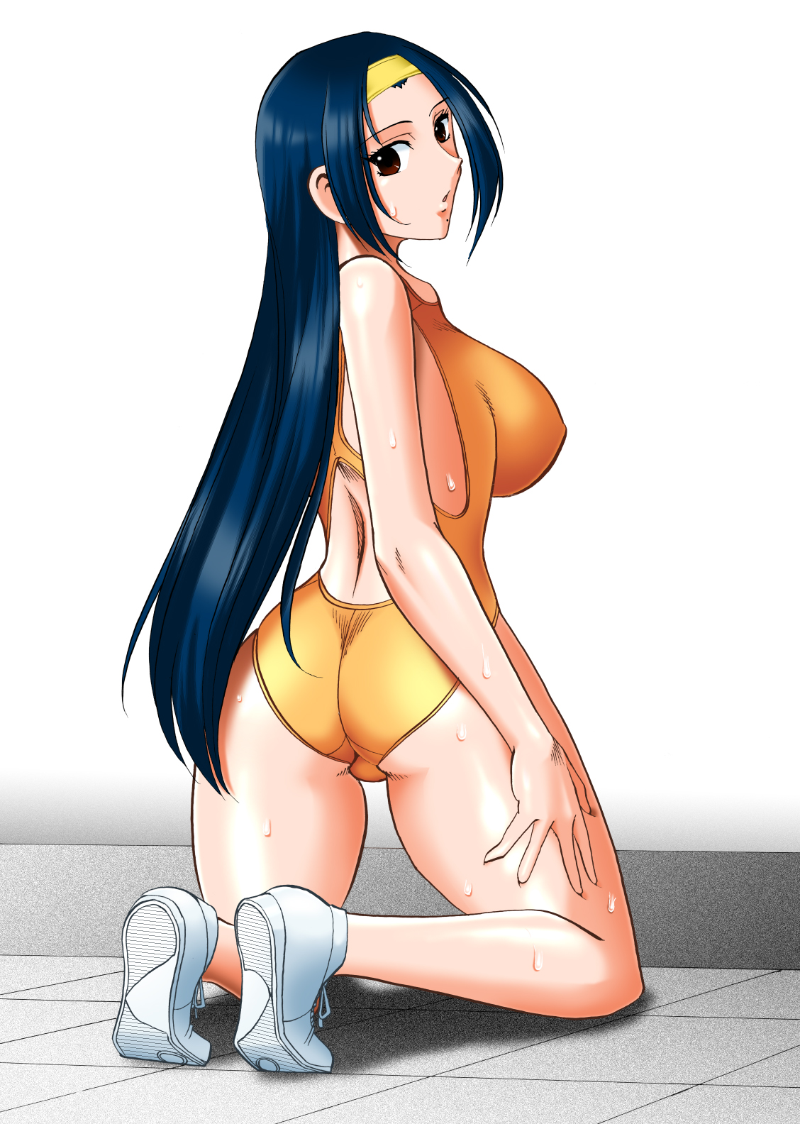 asahina_natsuki ass blue_hair blush breasts covered_nipples day female hairband hand_on_own_thigh highres kneeling large_breasts long_hair looking_at_viewer looking_back mokkouyou_bond mole mole_under_mouth on_floor one-piece_swimsuit open_mouth orange_one-piece_swimsuit shiny_skin sleeveless solo super_real_mahjong sweat swimsuit very_long_hair white_footwear