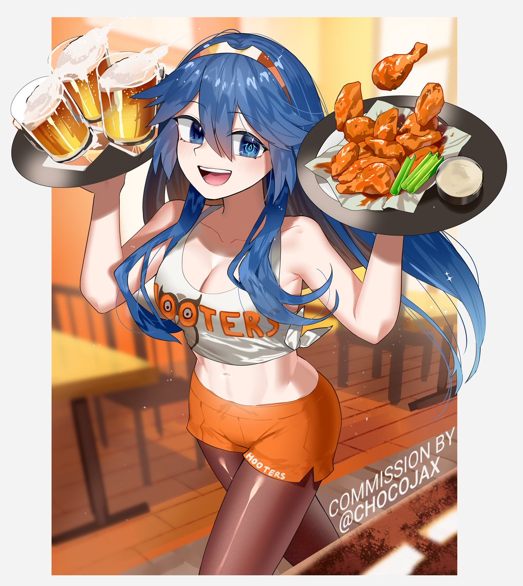 alcohol alternate_costume beer beer_mug brand_of_the_exalt celery chicken_(food) chicken_wing chocojax commission cup employee_uniform female fire_emblem fire_emblem_awakening food highres hooters indoors lucina_(fire_emblem) mug open_mouth orange_shorts print_tank_top restaurant salad_dressing shorts solo teeth tiara uniform upper_teeth_only waitress