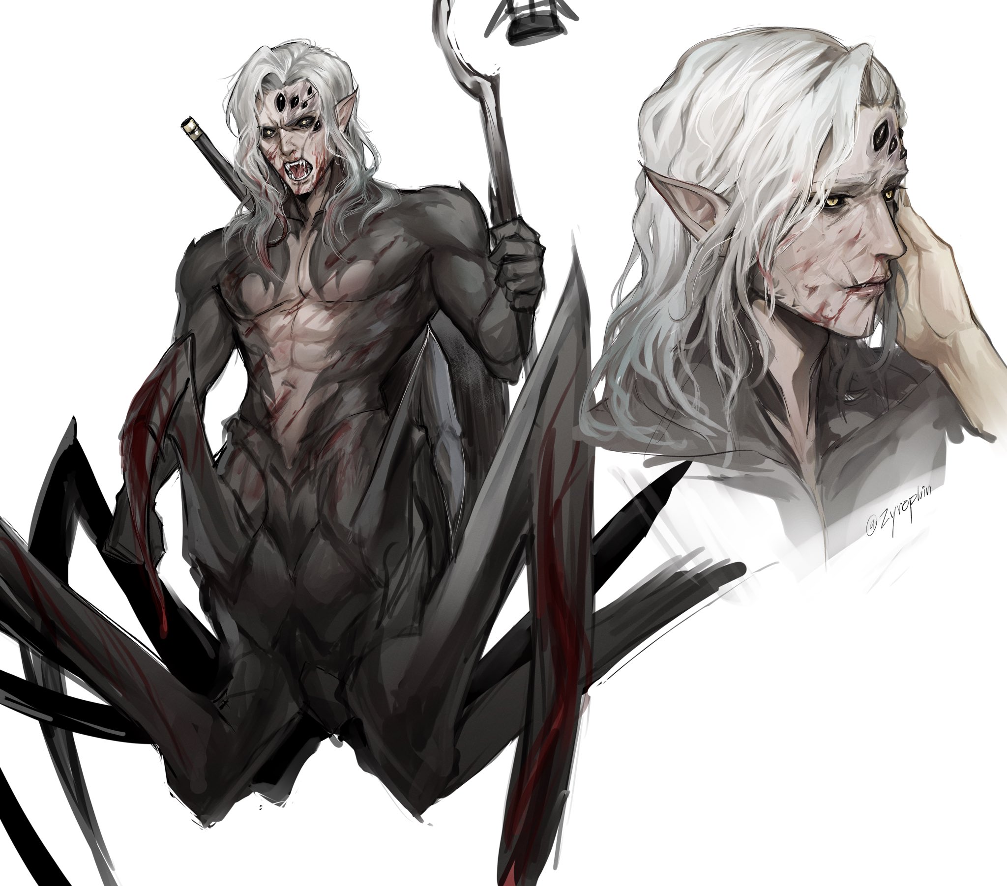 1boy abs angry arachne_boy arthropod_limbs artist_name baldur's_gate baldur's_gate_3 black_sclera black_skin blood blood_in_hair blood_on_face carapace colored_sclera colored_skin cropped_torso dungeons_&_dragons extra_eyes fangs grey_background grey_hair hand_on_another's_face highres holding holding_lantern kar'niss lantern light_smile male_focus medium_hair monster_boy multicolored_skin multiple_views open_mouth pectorals pointy_ears signature simple_background spider_boy standing taur twitter_username two-tone_skin v-shaped_eyebrows wavy_hair weapon weapon_on_back yellow_eyes zyrophin