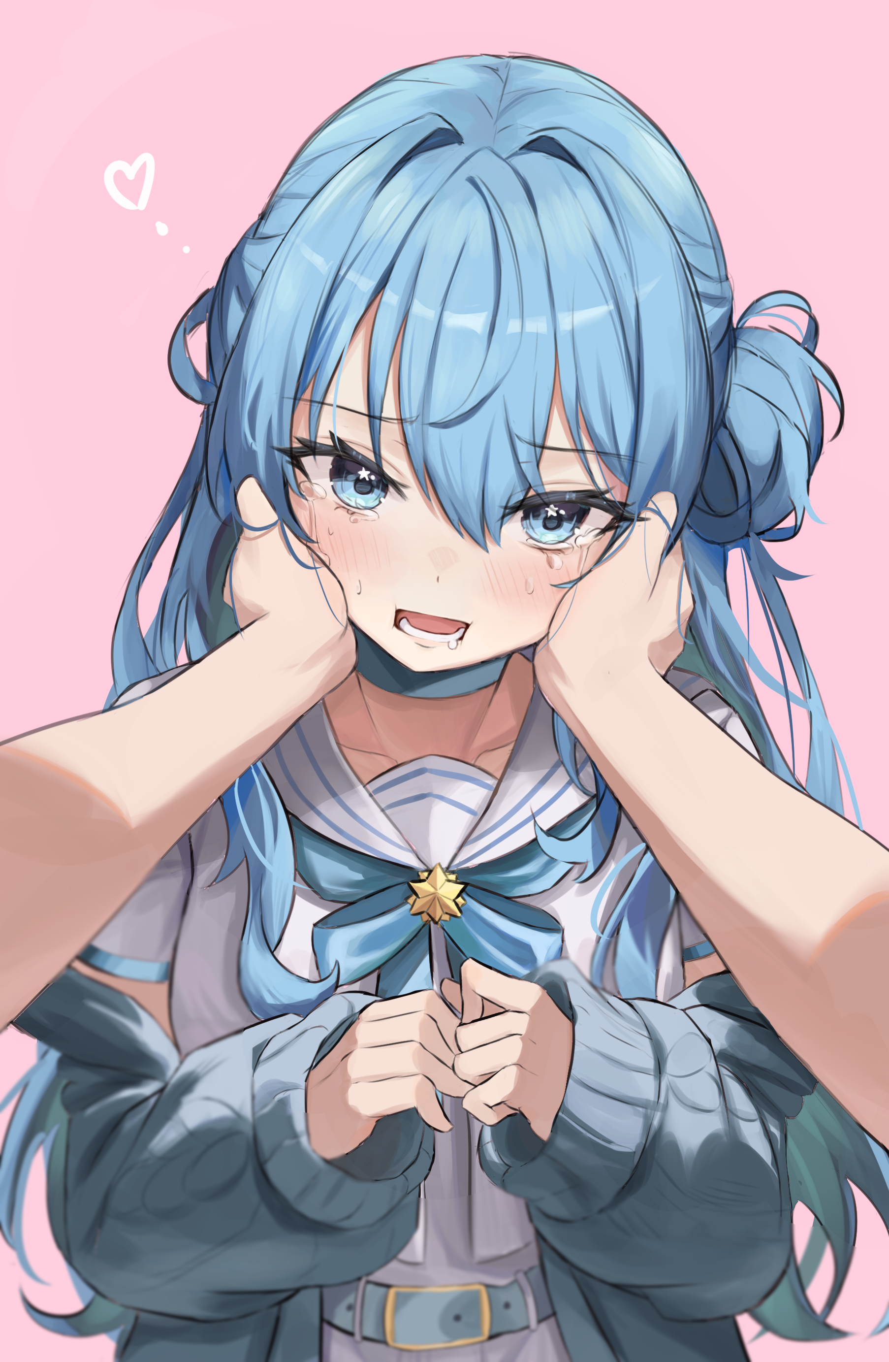 1other absurdres belt blue_belt blue_bow blue_bowtie blue_choker blue_eyes blue_hair blush bow bowtie cardigan choker commentary crying crying_with_eyes_open female grey_cardigan hair_between_eyes hair_bun hands_on_another's_cheeks hands_on_another's_face heart highres hoangryu hololive hoshimachi_suisei hoshimachi_suisei_(school_uniform) long_hair long_sleeves looking_at_viewer lower_teeth_only official_alternate_costume open_cardigan open_clothes open_mouth pink_background pov pov_hands sailor_collar school_uniform serafuku shirt sidelocks single_side_bun solo_focus star_(symbol) star_in_eye symbol-only_commentary symbol_in_eye tears teeth upper_body virtual_youtuber white_sailor_collar white_serafuku white_shirt