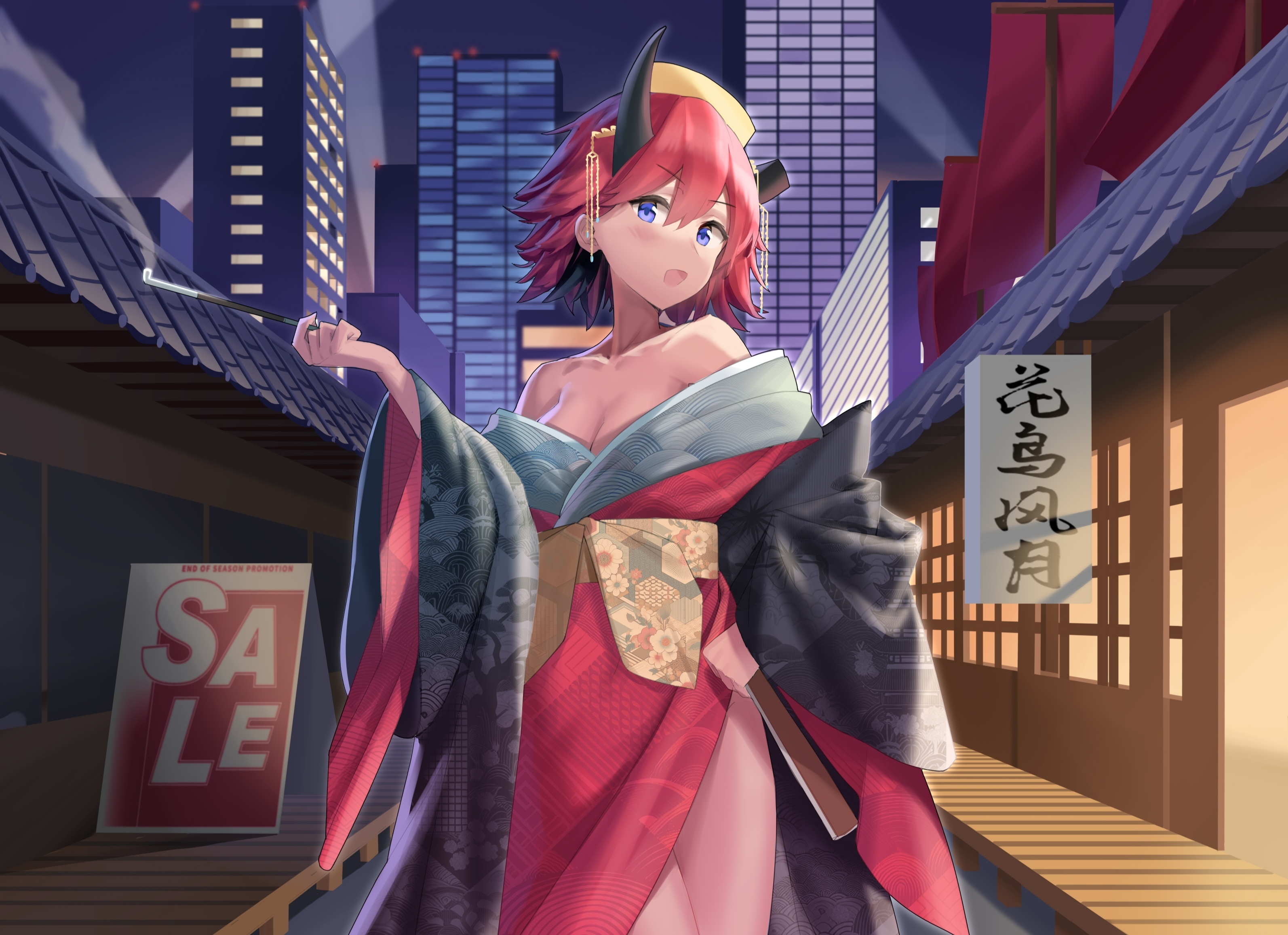 architecture banner black_horns blue_eyes blush breasts broken_horn building city cleavage commentary_request cowboy_shot east_asian_architecture female floral_print folding_fan hair_between_eyes hand_fan head_tilt highres holding holding_fan holding_smoking_pipe horns japanese_clothes kimono kiseru looking_at_viewer medium_bangs medium_breasts nekokatana_catana obi off_shoulder open_mouth original outdoors phoenix_crown print_sash red_hair red_kimono sale sash scenery seigaiha short_hair shouji sign skyscraper sliding_doors smile smoking_pipe solo wide_sleeves yellow_sash