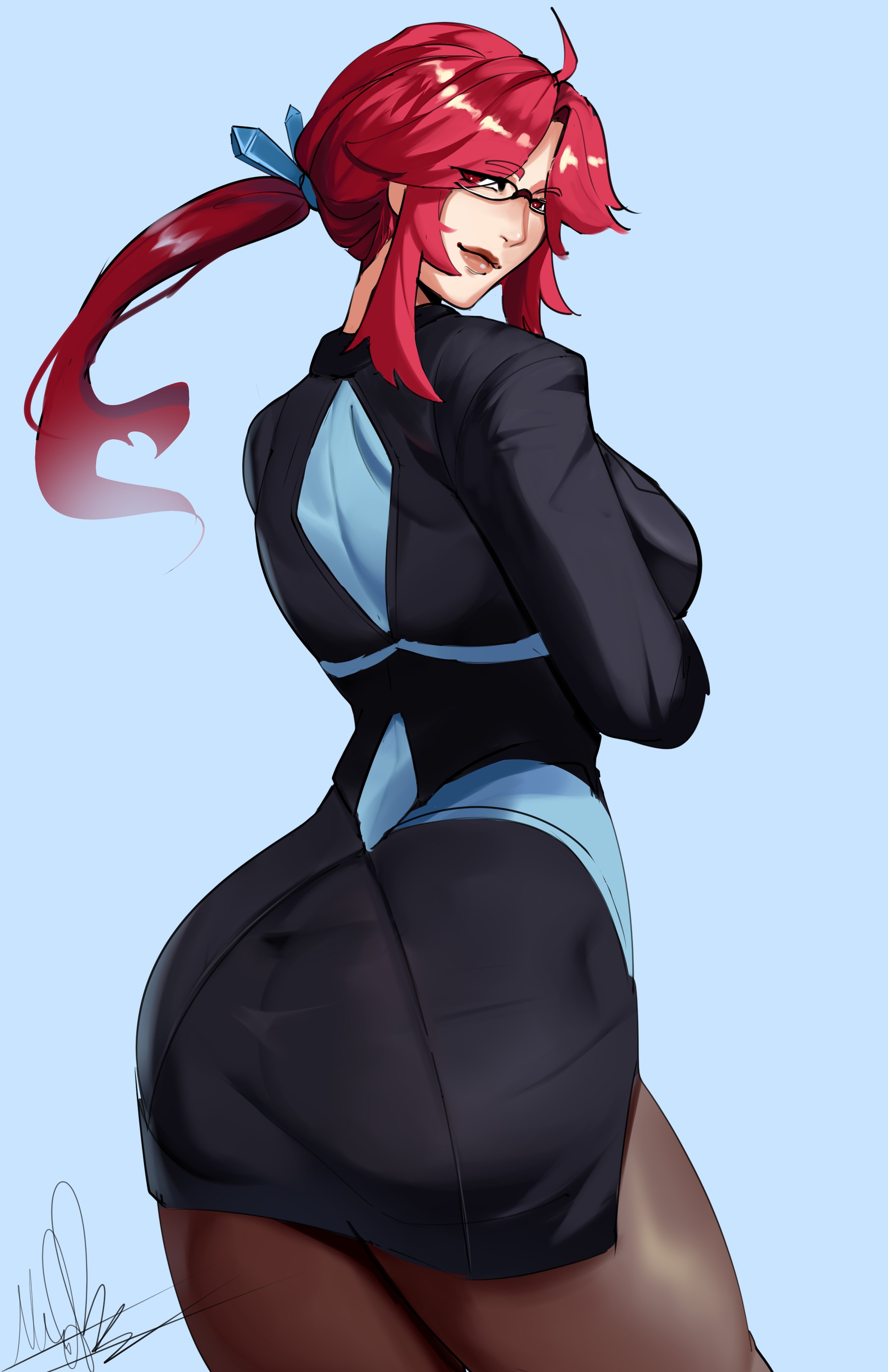 absurdres ahoge ass black_suit breasts brown_pantyhose crossed_arms female formal glasses highres large_breasts long_hair long_sleeves lorelei_(pokemon) michael_lavacca pantyhose pencil_skirt pokemon pokemon_lgpe ponytail red_eyes red_hair semi-rimless_eyewear sidelocks skirt solo suit swept_bangs