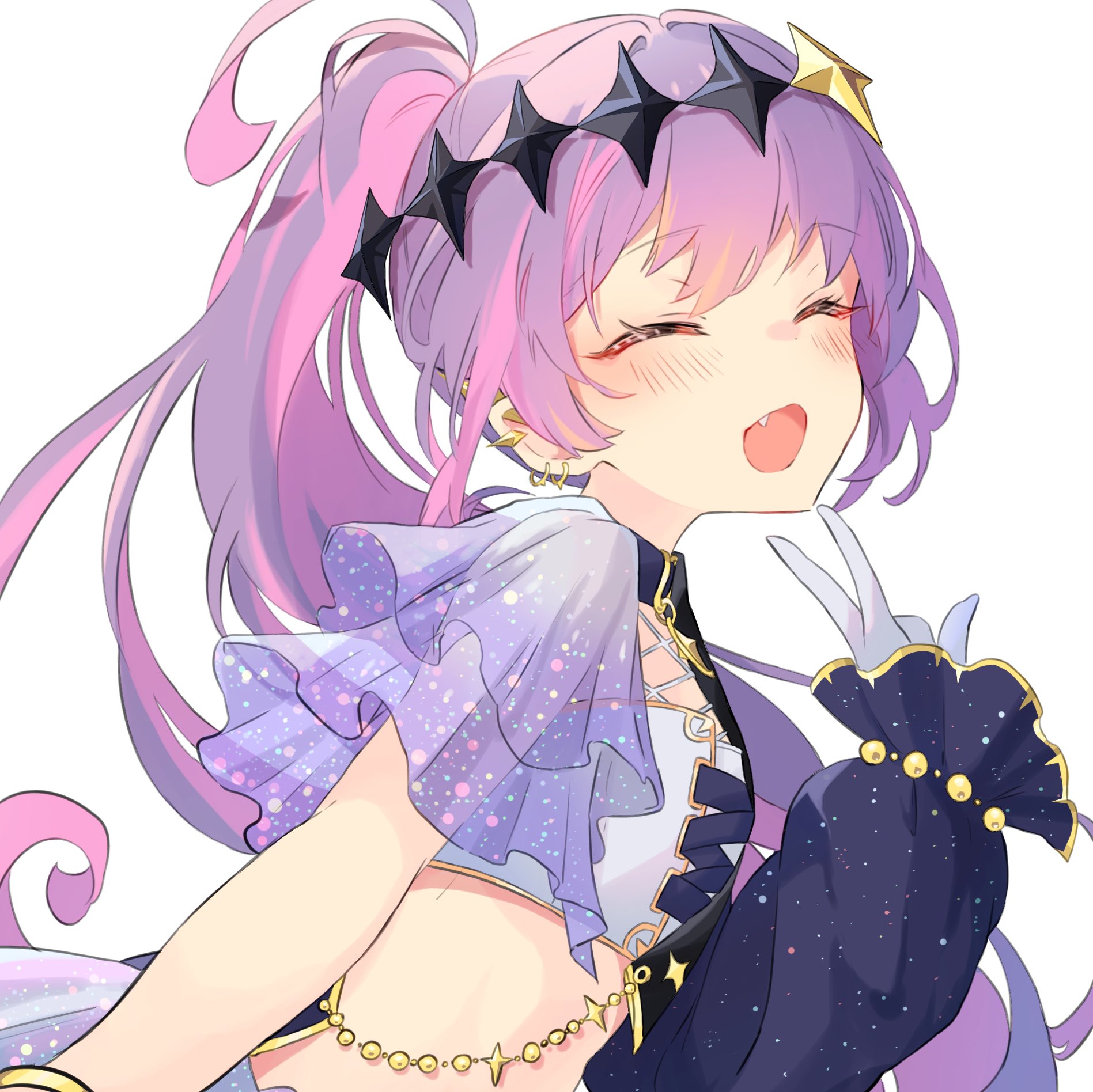 blush breasts closed_eyes commentary crop_top diamond_hairband ear_piercing facing_viewer female frilled_sleeves frills from_side gloves happy highres hololive long_hair multicolored_hair nekonika_(e102k) oerba_yun_fang official_alternate_costume official_alternate_hairstyle open_mouth piercing pink_hair ponytail purple_hair see-through see-through_sleeves simple_background sleeves_past_wrists small_breasts smile solo tokoyami_towa tokoyami_towa_(break_your_xxx) two-tone_hair upper_body v virtual_youtuber white_background white_gloves